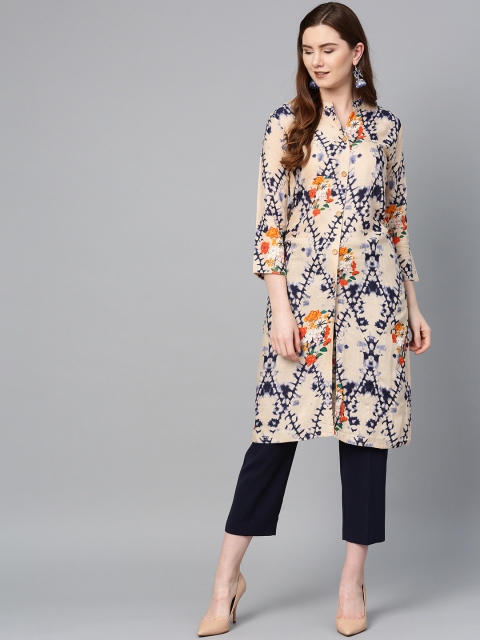 

ETHNIC STREET Women Beige & Navy Blue Printed Straight Kurta