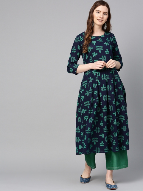 

ETHNIC STREET Women Navy Blue & Green Printed A-Line Kurta