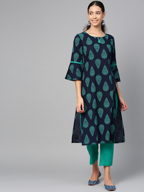 

ETHNIC STREET Women Navy Blue & Green Kalamkari Printed Kurta with Trousers