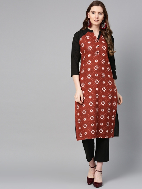 

ETHNIC STREET Women Rust Red & Black Kalamkari Printed Kurta with Trousers