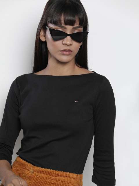 

Tommy Hilfiger Women Black Solid Boat Neck T-shirt with Three-Quarter Sleeves