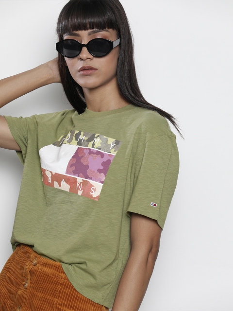 

Tommy Hilfiger Women Olive Green Printed Camouflage Round Neck T-shirt