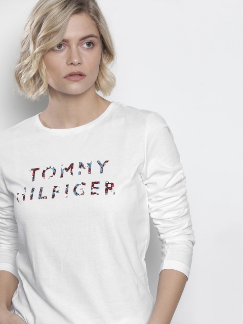 

Tommy Hilfiger Women White Printed Round Neck T-shirt with Three-Quarter Sleeves