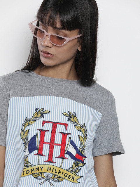 

Tommy Hilfiger Women Grey Melange Printed Top With Tie-Up Detail
