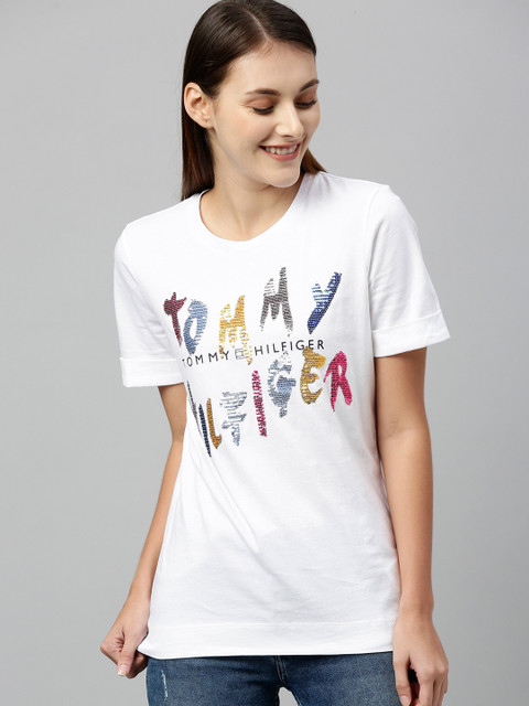 

Tommy Hilfiger Women White Printed Round Neck T-shirt