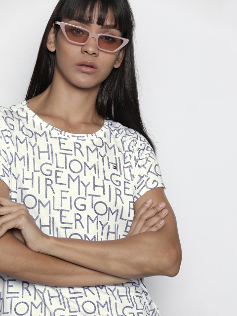 

Tommy Hilfiger Women White & Navy Blue Alexix Relaxed Fit Printed Round Neck T-shirt