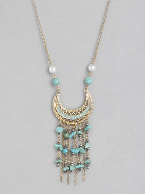 

20Dresses Women Gold-Toned & Turquoise Blue Stone-Studded Crescent Tasselled Necklace