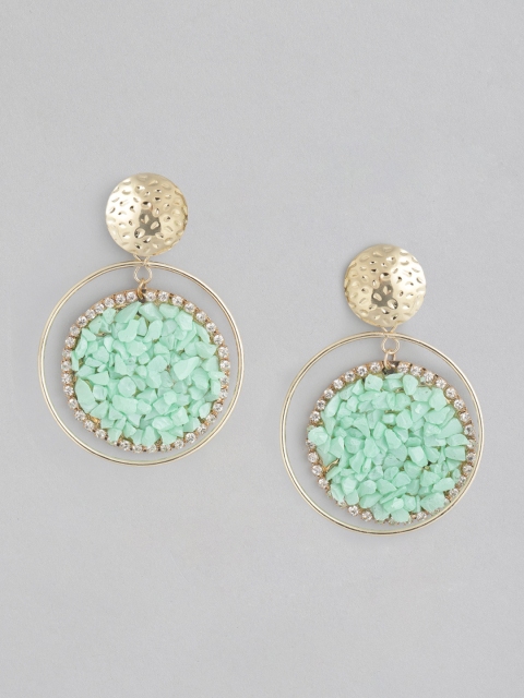 

20Dresses Gold-Toned & Sea Green Stone-Studded Circular Drop Earrings