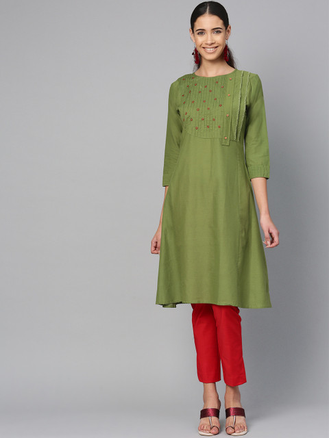 

ETHNIC STREET Women Olive Green Yoke Design A-Line Kurta