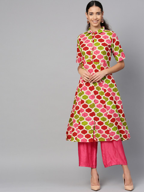 

ETHNIC STREET Women Green & Red Printed A-Line Kurta
