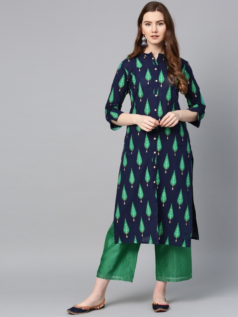 

ETHNIC STREET Women Navy Blue & Green Printed Straight Kurta