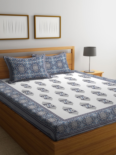 

Rajasthan Decor White & Blue Ethnic Motifs 144 TC Cotton 1 King Bedsheet with 2 Pillow Covers