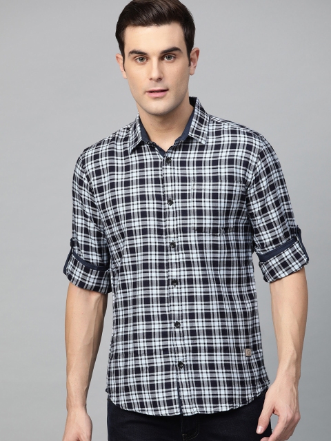 

DENNISON Men Navy Blue & White Comfort Slim Fit Handcrafted Checked Casual Shirt