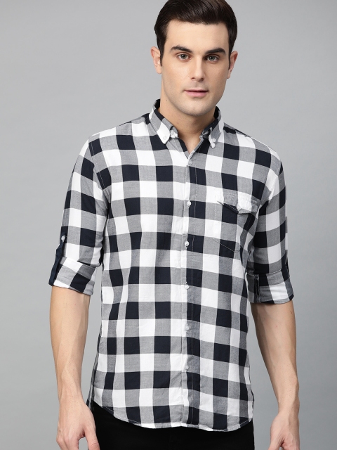 

DENNISON Men Navy Blue & White Twill Weave Comfort Slim Fit Checked Casual Shirt