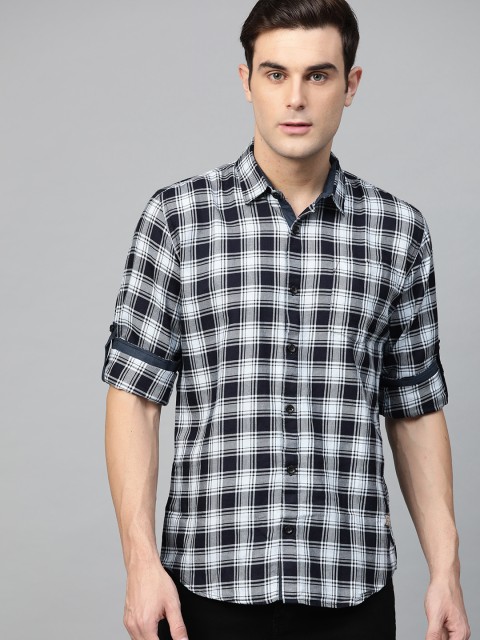 

DENNISON Men Navy & Off-White Comfort Slim Fit Checked Casual Shirt, Navy blue