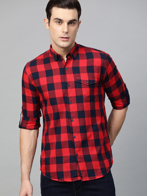 

DENNISON Men Red & Navy Blue Comfort Slim Fit Checked Casual Shirt