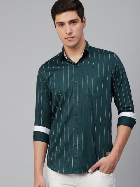 

DENNISON Men Teal Green & White Slim Fit Striped Casual Shirt