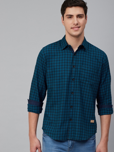 

DENNISON Men Teal Blue & Black Comfort Slim Fit Handcrafted Checked Casual Shirt