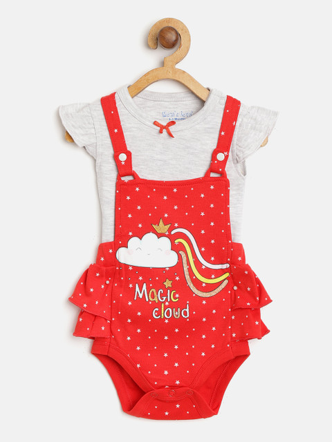 

Moms Love Girls Grey Melange & Red Solid Top with Printed Bodysuit