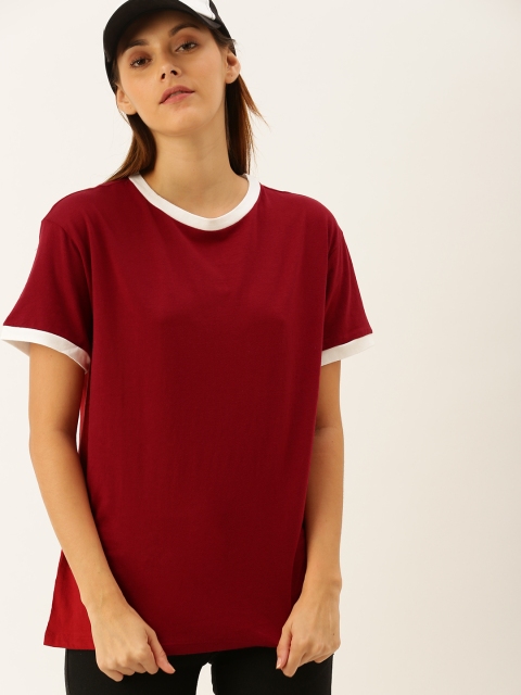 

FOREVER 21 Women Maroon Solid Round Neck T-shirt