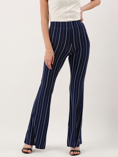 

FOREVER 21 Women Navy Blue & White Regular Fit Striped Bootcut Trousers