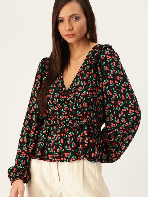 

FOREVER 21 Women Black & Red Printed Wrap Top