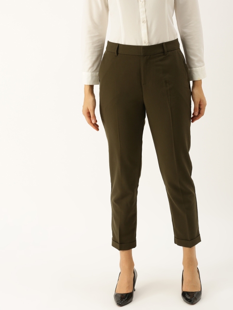 

FOREVER 21 Women Olive Green Regular Fit Solid Cigarette Trousers