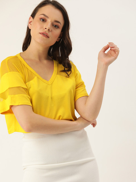

FOREVER 21 Women Yellow Solid Crop Top with Mesh Inserts