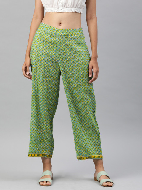

Global Desi Women Green & Yellow Printed Straight Palazzos