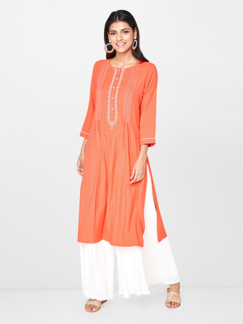 

Global Desi Women Coral Orange Woven Design A-Line Kurta