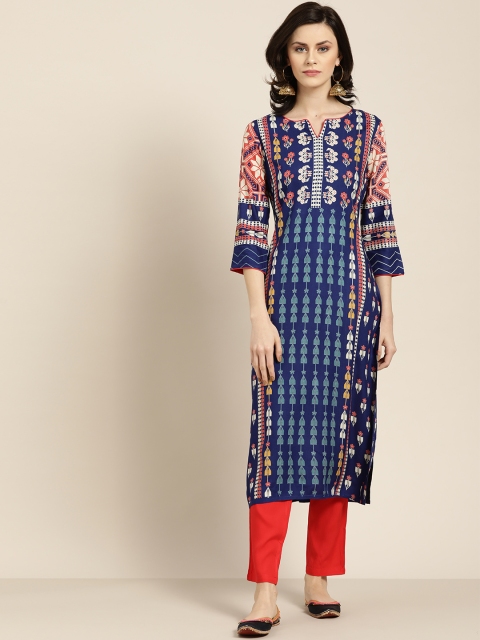 

Moda Rapido Women Navy Blue & Red Printed Kurta with Trousers