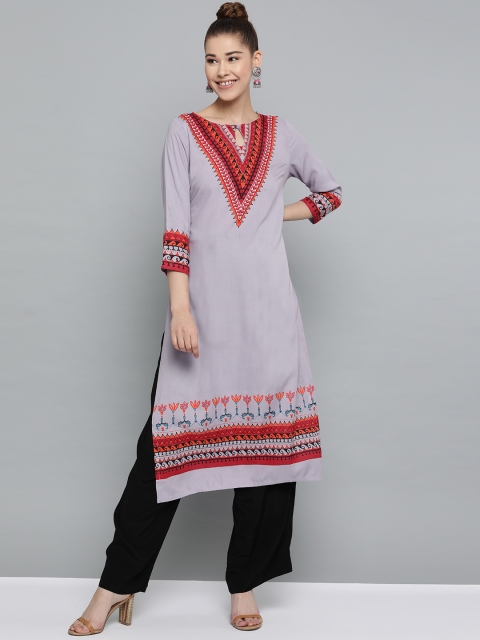 

HERE&NOW Women Lavender & Red Yoke Design Straight Kurta