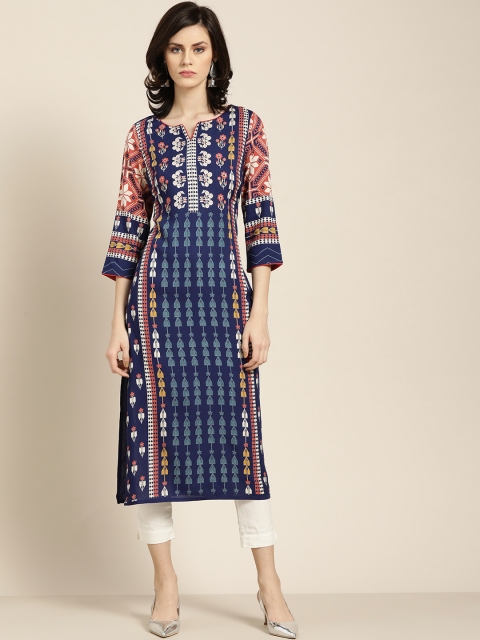 

Moda Rapido Women Navy Blue & White Printed Straight Kurta