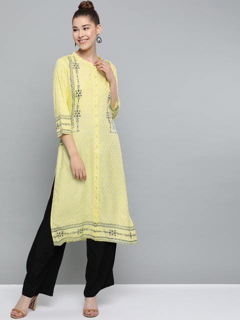 

HERE&NOW Women Yellow & Silver Printed Straight Kurta
