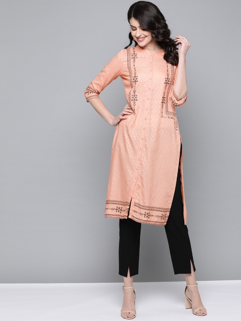 

HERE&NOW Women Peach-Coloured & Silver Printed Straight Kurta