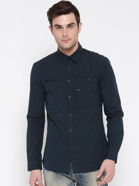 

Jack & Jones Men Navy & Black Slim Fit Striped Casual Shirt, Navy blue