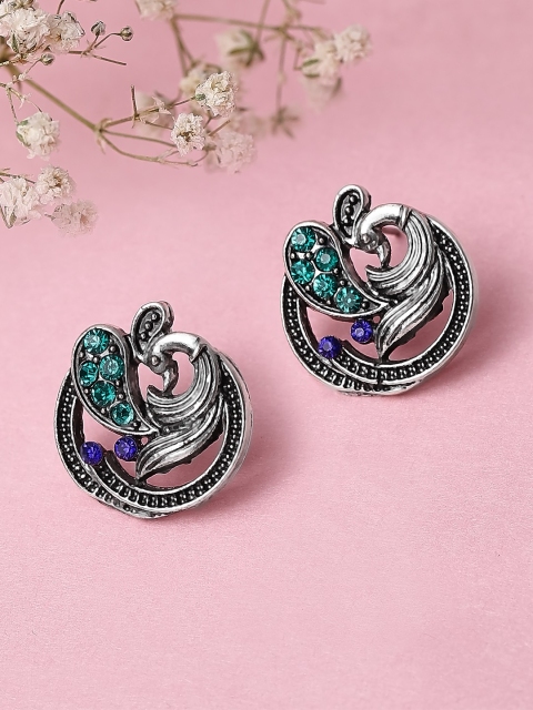 

Rubans Silver-Plated & Green Oxidised Handcrafted Peacock Shaped Studs