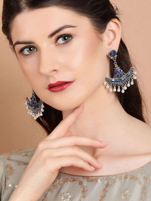 

Rubans Silver-Plated & Blue Oxidised Handcrafted Classic Drop Earrings