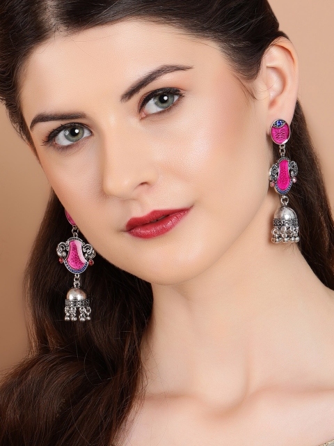 

Rubans Silver-Plated & Pink Oxidised Handcrafted Contemporary Drop Earrings