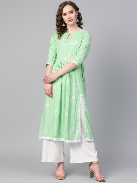 

Sbo Fashion Women Green & White Printed A-Line Kurta