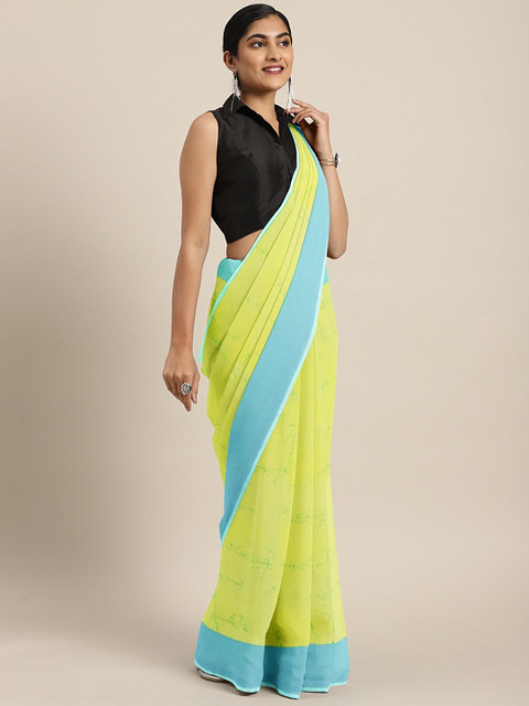

Triveni Yellow & Blue Pure Georgette Printed Saree
