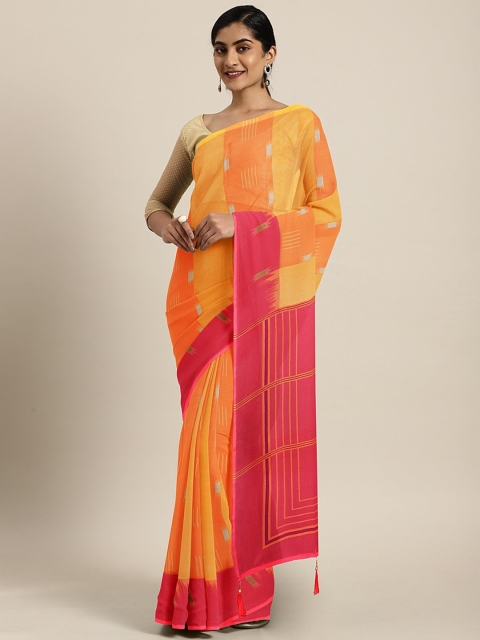 

Triveni Yellow & Orange Pure Georgette Striped Saree