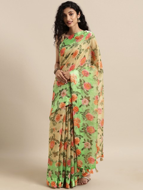 

Triveni Beige & Green Pure Cotton Printed Saree With Tassled Detailing