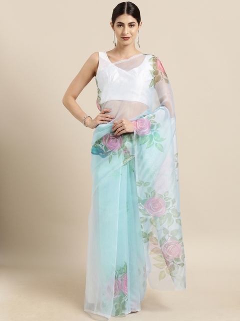 

Tikhi Imli Blue & Pink Organza Floral Printed Saree