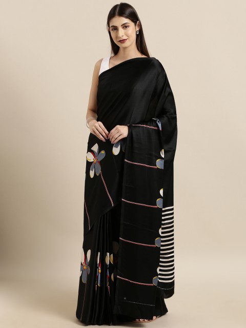 

Tikhi Imli Black & White Poly Crepe Floral Printed Saree