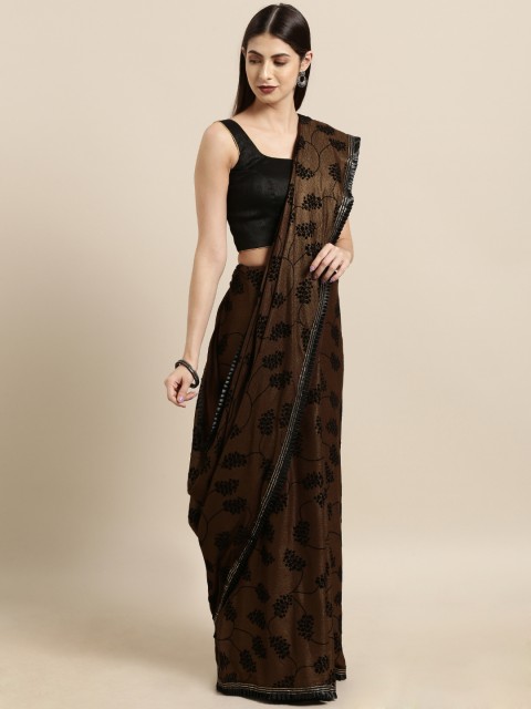 

Tikhi Imli Coffee Brown & Black Poly Crepe Floral Printed Saree