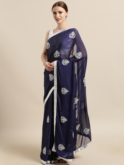 

Tikhi Imli Navy Blue & Silver-Toned Satin Embellished & Embroidered Saree