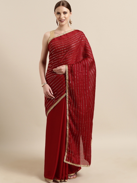 

Tikhi Imli Maroon Embellished Mukaish Work Poly Crepe Saree