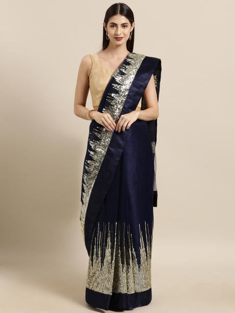 

Tikhi Imli Navy Blue & Gold-Toned Net Embellished Saree