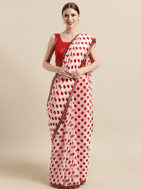 

Tikhi Imli White & Red Poly Georgette Polka Dot Printed Saree